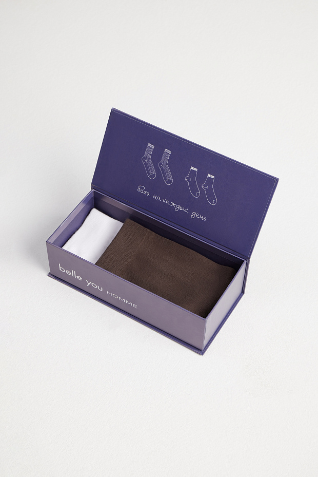 Набор мужских хлопковых носков классической длины (белый / горький шоколад)