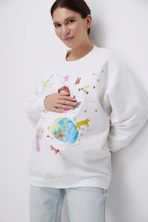 Толстовка оверсайз с принтом (молочный)