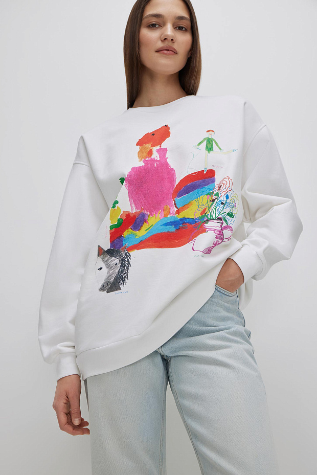 Толстовка оверсайз с принтом (молочный)