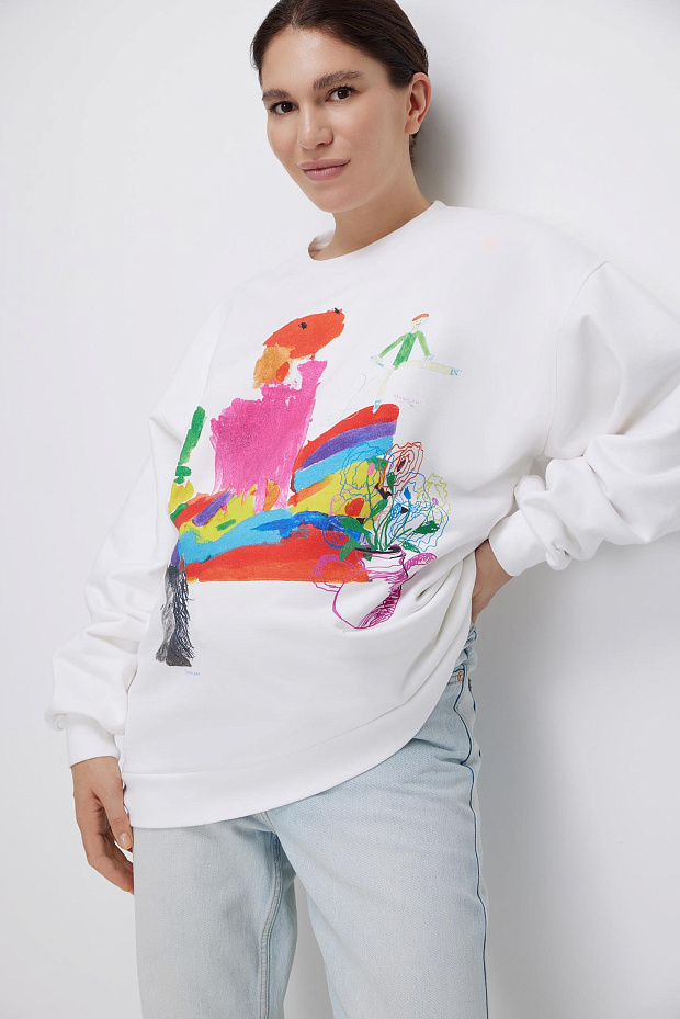 Толстовка оверсайз с принтом (молочный)