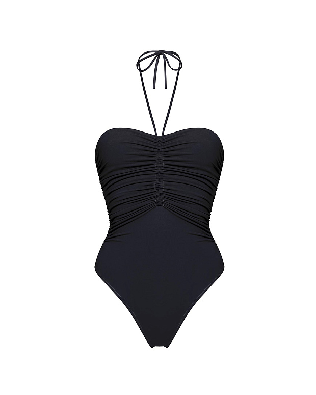 Сплошной купальник-бандо со сборкой (черный)