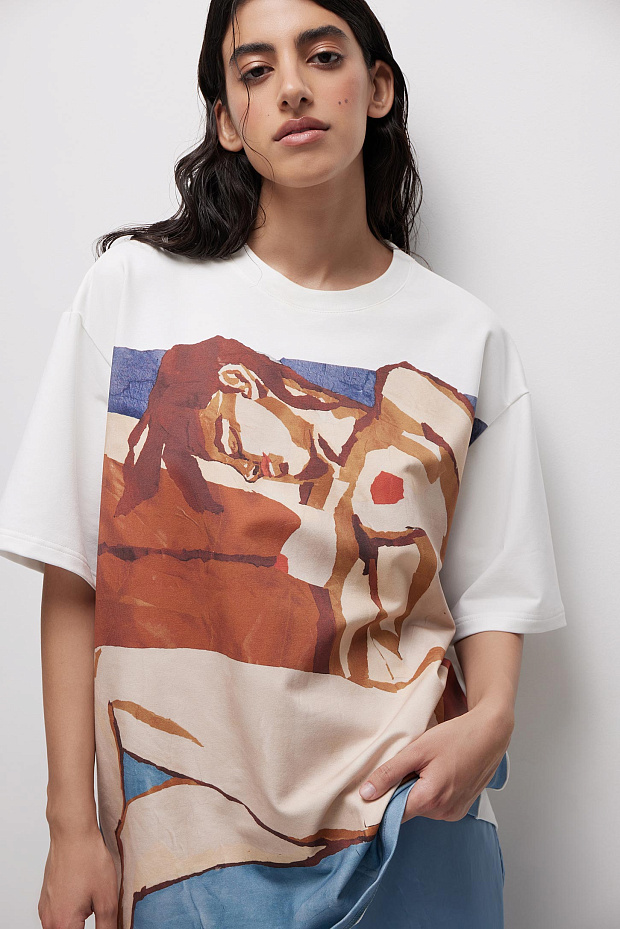 Футболка оверсайз с принтом (молочный)