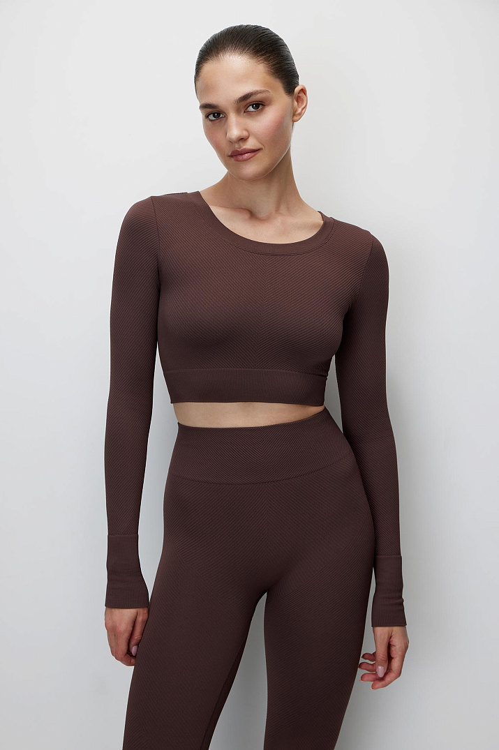 JW ✩.*˚ Лонгслив укороченный в диагональный рубчик шоколадный купить