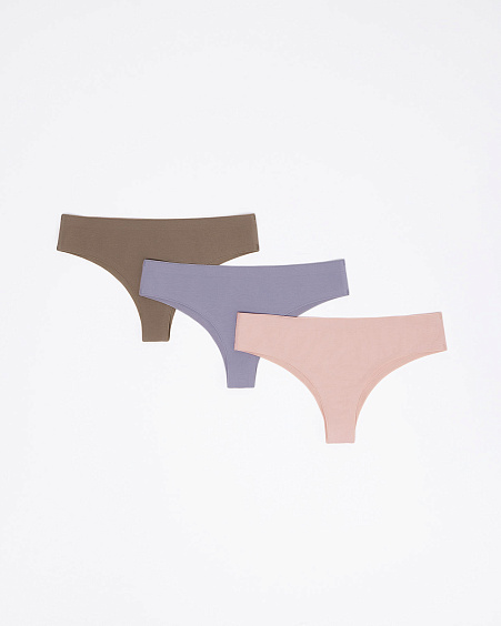 Трусы-танга со средней посадкой в наборе (пуд-роз / лилов / серо-беж)