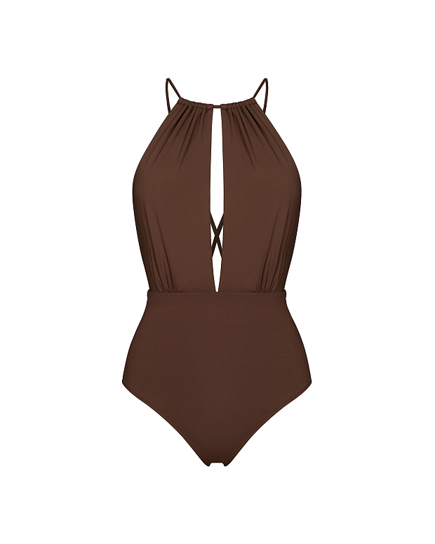 Сплошной купальник с глубоким вырезом (трюфель)