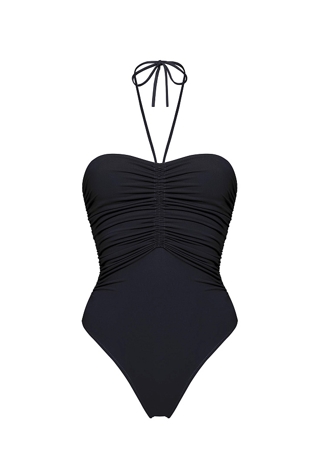 Сплошной купальник-бандо со сборкой (черный)